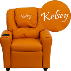 Personalized Orange Vinyl Kids Recliner with Cup Holder and Headrest
