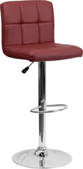 Contemporary Burgundy Quilted Vinyl Adjustable Height Barstool with Chrome Base
