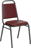 HERCULES Series Trapezoidal Back Stacking Banquet Chair with Burgundy Vinyl and 1.5'' Thick Seat - Silver Vein Frame