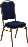 HERCULES Series Crown Back Stacking Banquet Chair with Navy Blue Patterned Fabric and 2.5'' Thick Seat - Gold Frame