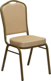 HERCULES Series Crown Back Stacking Banquet Chair with Beige Patterned Fabric and 2.5'' Thick Seat - Gold Frame