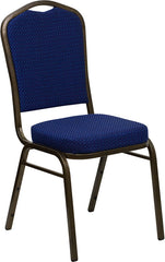 HERCULES Series Crown Back Stacking Banquet Chair with Navy Blue Patterned Fabric and 2.5'' Thick Seat - Gold Vein Frame