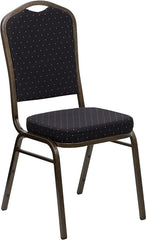 HERCULES Series Crown Back Stacking Banquet Chair with Black Patterned Fabric and 2.5'' Thick Seat - Gold Vein Frame