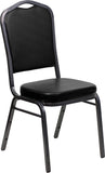 HERCULES Series Crown Back Stacking Banquet Chair with Black Vinyl and 2.5'' Thick Seat - Silver Vein Frame