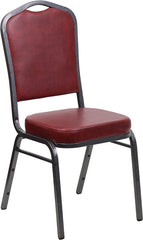 HERCULES Series Crown Back Stacking Banquet Chair with Burgundy Vinyl and 2.5'' Thick Seat - Silver Vein Frame