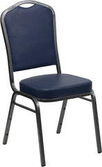 HERCULES Series Crown Back Stacking Banquet Chair with Navy Vinyl and 2.5'' Thick Seat - Silver Vein Frame