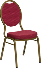 HERCULES Series Teardrop Back Stacking Banquet Chair with Burgundy Patterned Fabric and 2.5'' Thick Seat - Gold Frame