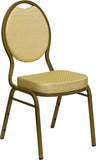 HERCULES Series Teardrop Back Stacking Banquet Chair with Beige Patterned Fabric and 2.5'' Thick Seat - Gold Frame