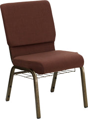 HERCULES Series 18.5''W Brown Fabric Church Chair with 4.25'' Thick Seat, Communion Cup Book Rack - Gold Vein Frame