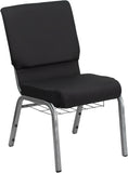 HERCULES Series 18.5''W Black Patterned Fabric Church Chair with 4.25'' Thick Seat, Communion Cup Book Rack - Silver Vein Frame