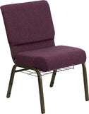 HERCULES Series 21'' Extra Wide Plum Fabric Church Chair with 4'' Thick Seat, Communion Cup Book Rack - Gold Vein Frame