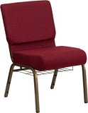 HERCULES Series 21'' Extra Wide Burgundy Fabric Church Chair with 4'' Thick Seat, Communion Cup Book Rack - Gold Vein Frame