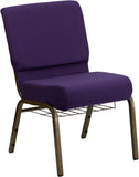 HERCULES Series 21'' Extra Wide Royal Purple Fabric Church Chair with 4'' Thick Seat, Communion Cup Book Rack - Gold Vein Frame