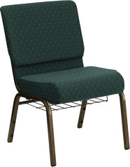 HERCULES Series 21'' Extra Wide Hunter Green Dot Patterned Fabric Church Chair with 4'' Thick Seat, Communion Cup Book Rack - Gold Vein Frame