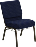 HERCULES Series 21'' Extra Wide Navy Blue Dot Patterned Fabric Church Chair with 4'' Thick Seat, Communion Cup Book Rack - Gold Vein Frame