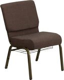 HERCULES Series 21'' Extra Wide Brown Fabric Church Chair with 4'' Thick Seat, Communion Cup Book Rack - Gold Vein Frame
