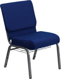 HERCULES Series 21'' Extra Wide Navy Blue Fabric Church Chair with 4'' Thick Seat, Communion Cup Book Rack - Silver Vein Frame