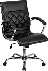 Mid-Back Designer Black Leather Executive Swivel Office Chair with Chrome Base