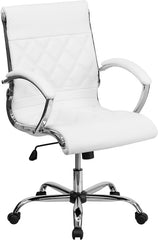 Mid-Back Designer White Leather Executive Swivel Office Chair with Chrome Base
