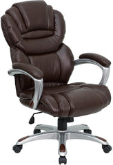 High Back Brown Leather Executive Swivel Office Chair with Leather Padded Loop Arms
