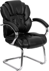 Black Leather Transitional Side Chair with Padded Arms and Sled Base