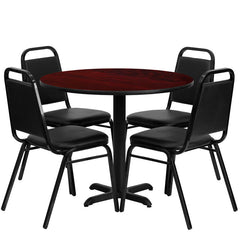 36'' Round Mahogany Laminate Table Set with 4 Black Trapezoidal Back Banquet Chairs