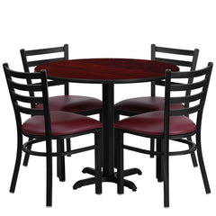 36'' Round Mahogany Laminate Table Set with 4 Ladder Back Metal Chairs - Burgundy Vinyl Seat
