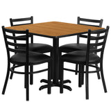 36'' Square Natural Laminate Table Set with 4 Ladder Back Metal Chairs - Black Vinyl Seat