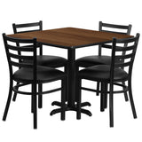 36'' Square Walnut Laminate Table Set with 4 Ladder Back Metal Chairs - Black Vinyl Seat