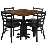 36'' Square Walnut Laminate Table Set with 4 Ladder Back Metal Chairs - Black Vinyl Seat