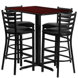 24''W x 42''L Rectangular Mahogany Laminate Table Set with 4 Ladder Back Metal Bar Stools - Black Vinyl Seat