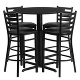 30'' Round Black Laminate Table Set with 4 Ladder Back Metal Bar Stools - Black Vinyl Seat