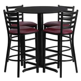 30'' Round Black Laminate Table Set with 4 Ladder Back Metal Bar Stools - Burgundy Vinyl Seat