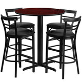 24'' Round Mahogany Laminate Table Set with 4 Ladder Back Metal Bar Stools - Black Vinyl Seat