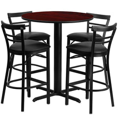 24'' Round Mahogany Laminate Table Set with 4 Ladder Back Metal Bar Stools - Black Vinyl Seat