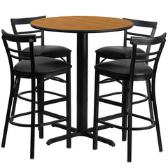 24'' Round Natural Laminate Table Set with 4 Ladder Back Metal Bar Stools - Black Vinyl Seat