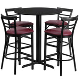 24'' Round Black Laminate Table Set with 4 Ladder Back Metal Bar Stools - Burgundy Vinyl Seat