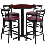 24'' Round Mahogany Laminate Table Set with 4 Ladder Back Metal Bar Stools - Burgundy Vinyl Seat