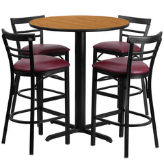 24'' Round Natural Laminate Table Set with 4 Ladder Back Metal Bar Stools - Burgundy Vinyl Seat