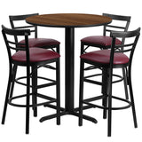 24'' Round Walnut Laminate Table Set with 4 Ladder Back Metal Bar Stools - Burgundy Vinyl Seat