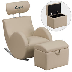 Personalized HERCULES Series Beige Vinyl Rocking Chair with Storage Ottoman