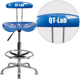 Personalized Vibrant Bright Blue and Chrome Drafting Stool with Tractor Seat