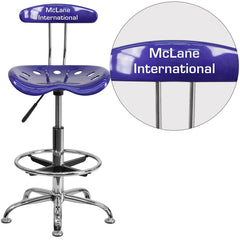 Personalized Vibrant Deep Blue and Chrome Drafting Stool with Tractor Seat