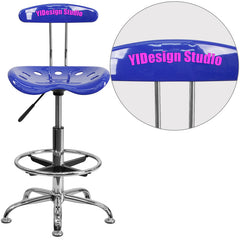 Personalized Vibrant Nautical Blue and Chrome Drafting Stool with Tractor Seat