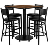 36'' Square Walnut Laminate Table Set with 4 Grid Back Metal Bar Stools - Black Vinyl Seat