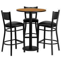 30'' Round Natural Laminate Table Set with 3 Grid Back Metal Bar Stools - Black Vinyl Seat