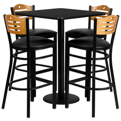 30'' Square Black Laminate Table Set with 4 Wood Slat Back Metal Bar Stools - Black Vinyl Seat