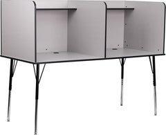 Double Wide Study Carrel with Adjustable Legs and Top Shelf in Nebula Grey Finish