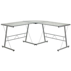 Glass L-Shape Computer Desk with Silver Frame Finish