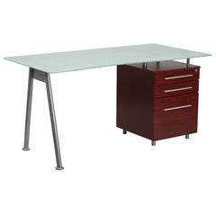 Glass Computer Desk with Mahogany Three Drawer Pedestal